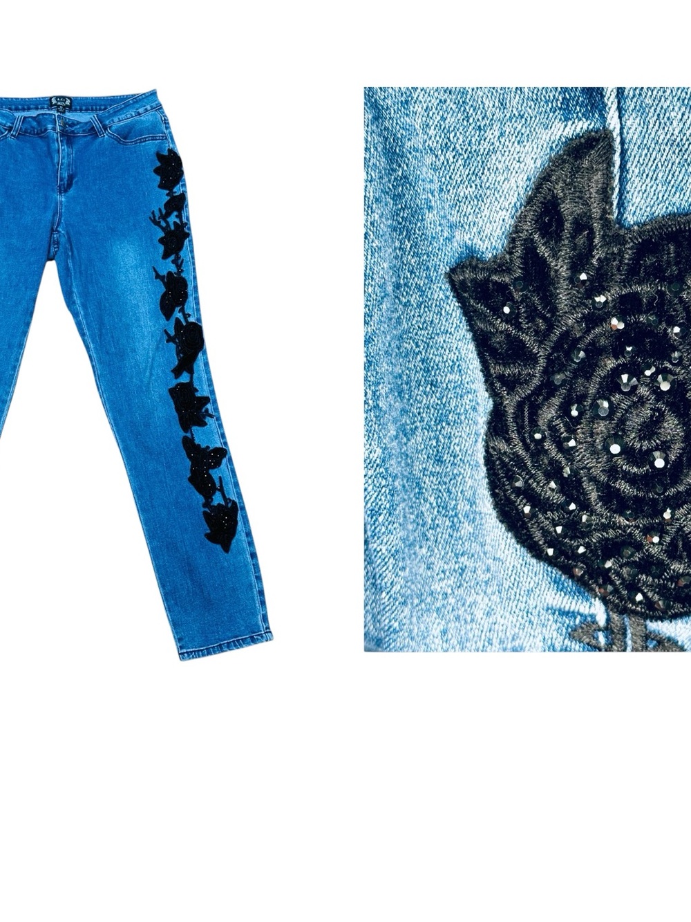 AZI Blue jeans with black floral lace and sparkle Appliqués Border on legs Sz 10